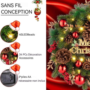 Couronne de Noël 40cm Guirlande de Noël Lumineuse Décoration de Noël pour Porte d'entrée Festival de Noël Décoration de la Maison